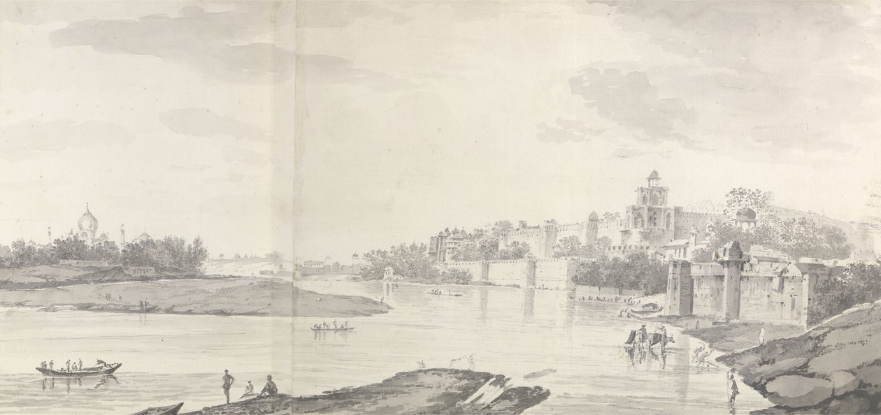 Uma vista do forte de Agra no rio Jumna do nordeste, c.1783 (lavagem cinzenta & lápis no papel) de William Hodges