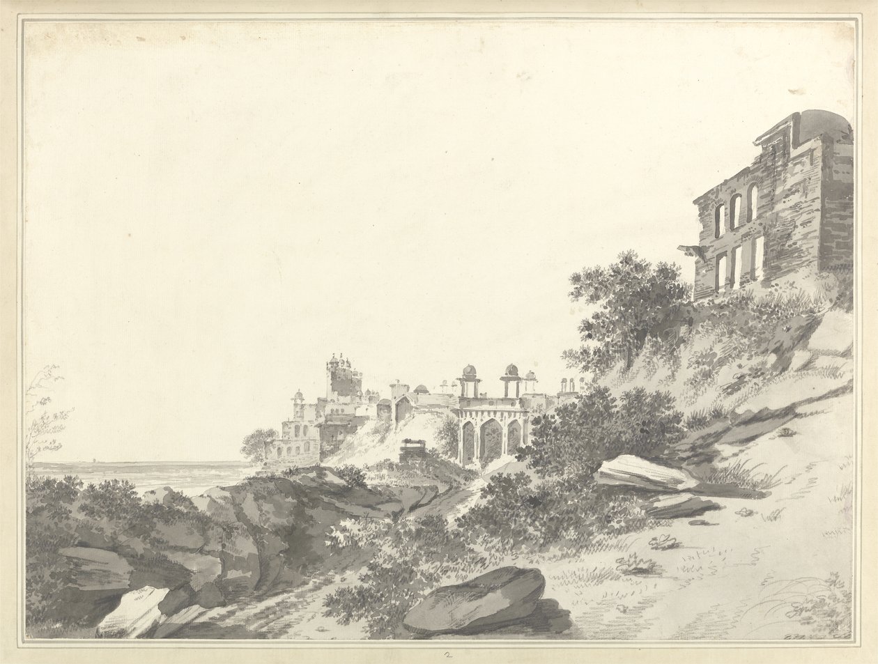 Vista das Ruínas do Palácio e da Mesquita de Fatepur Sikri, c.1783 (lavagem e grafite sobre papel) de William Hodges
