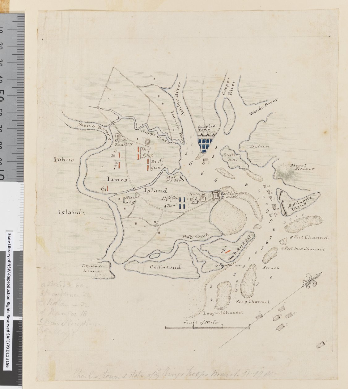 Página 37b Mapa de Charlestown e estado das tropas dos reis, 11 de março de 1780 (lápis, caneta e tinta) de William Hodges