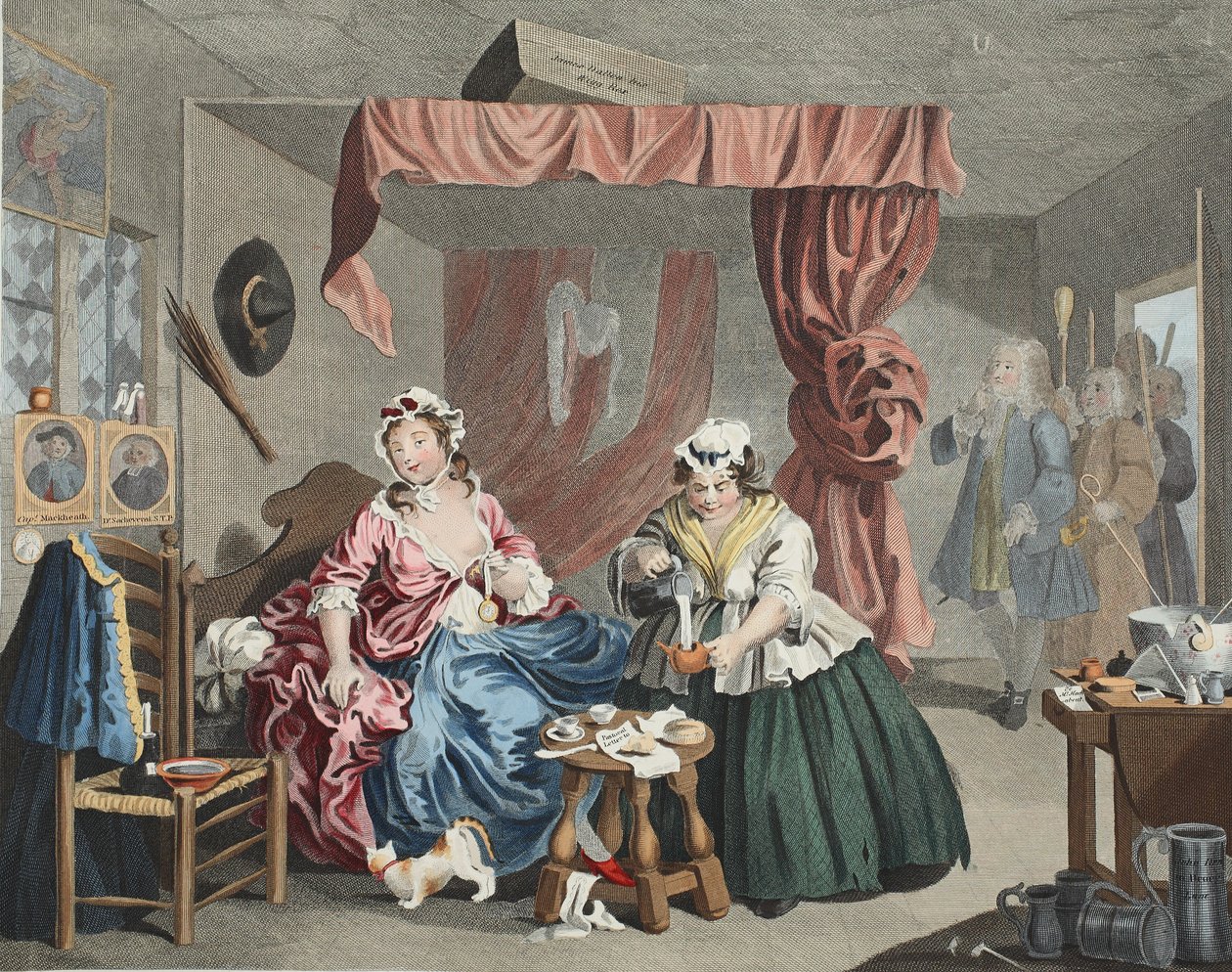 Progresso de uma Prostituta, Louça III: Interpretado por um magistrado, ilustração de &39;Hogarth Restaurado: Obras inteiras do célebre William Hogarth, re-gravado por Thomas Cook&39;, pub. 1812 (cor da mão de William Hogarth