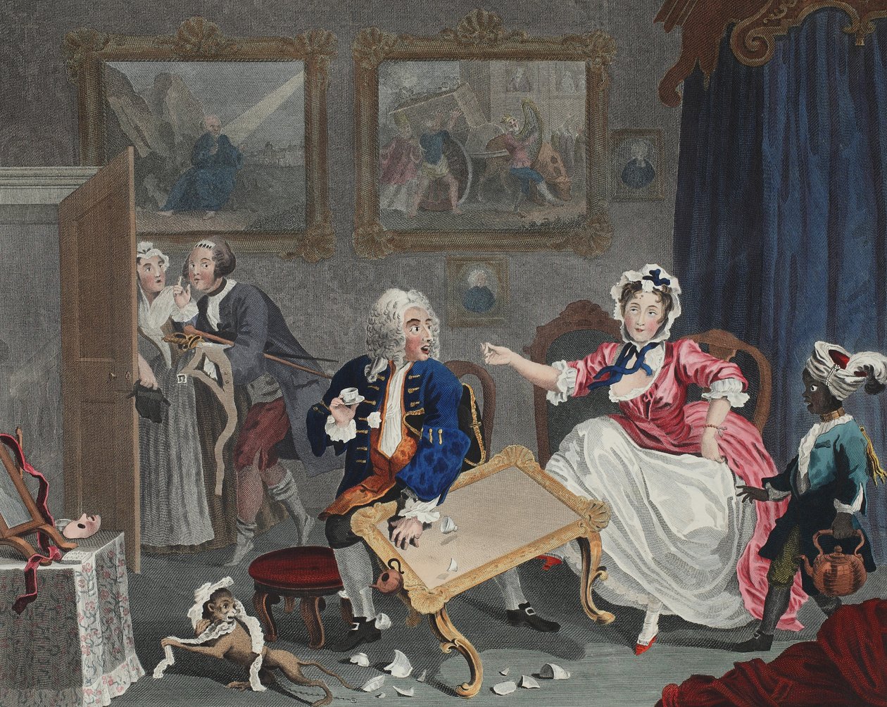Progresso de uma prostituta, prato II, ilustração de &39;Hogarth Restaurado: Obras inteiras do célebre William Hogarth, re-gravado por Thomas Cook&39;, pub. 1812 (gravura colorida à mão) de William Hogarth