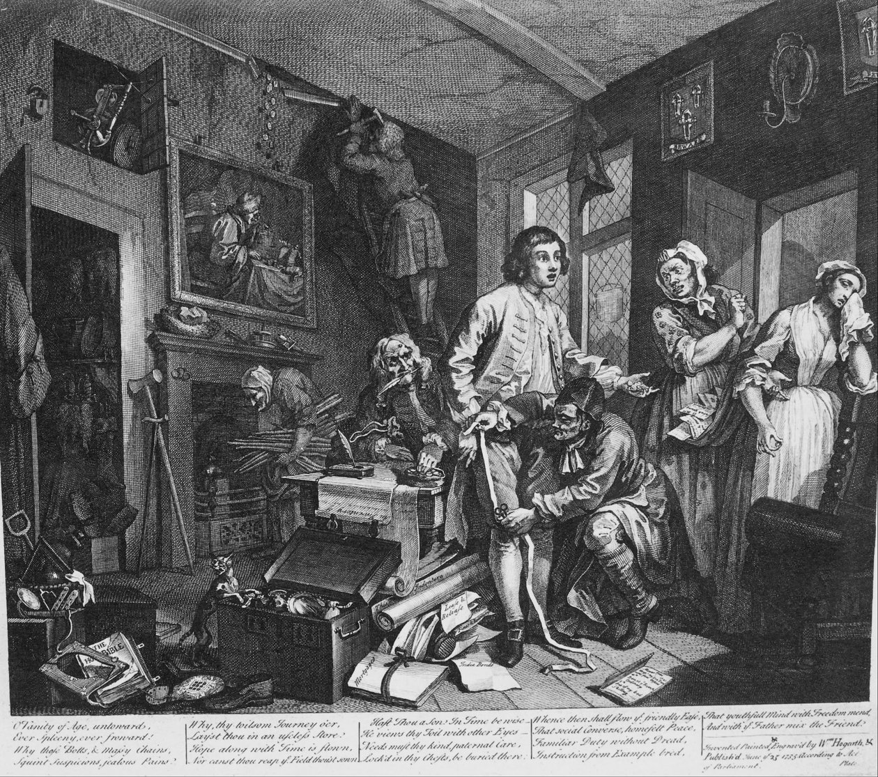 Um progresso de ancinhos, placa 1, o jovem herdeiro leva posse dos efeitos de Misers de William Hogarth