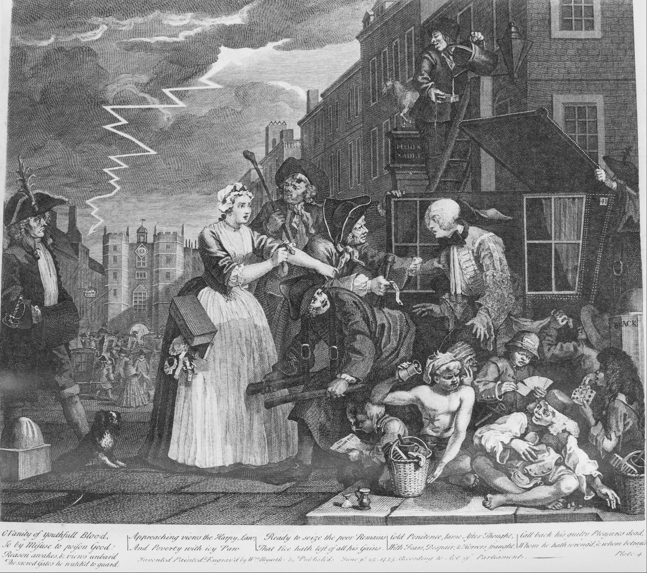 Um progresso de ancinhos, placa 4, preso por dívida de William Hogarth