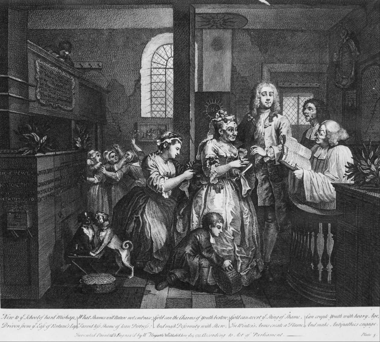 Um progresso de ancinhos, placa 5, casado com uma empregada velha de William Hogarth