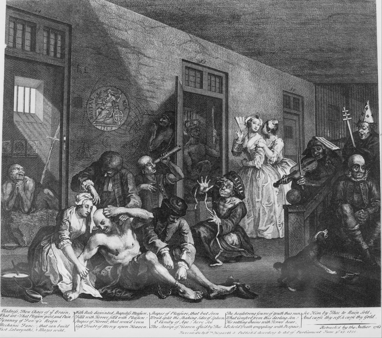 Um progresso de ancinhos, placa 8, no Madhouse de William Hogarth