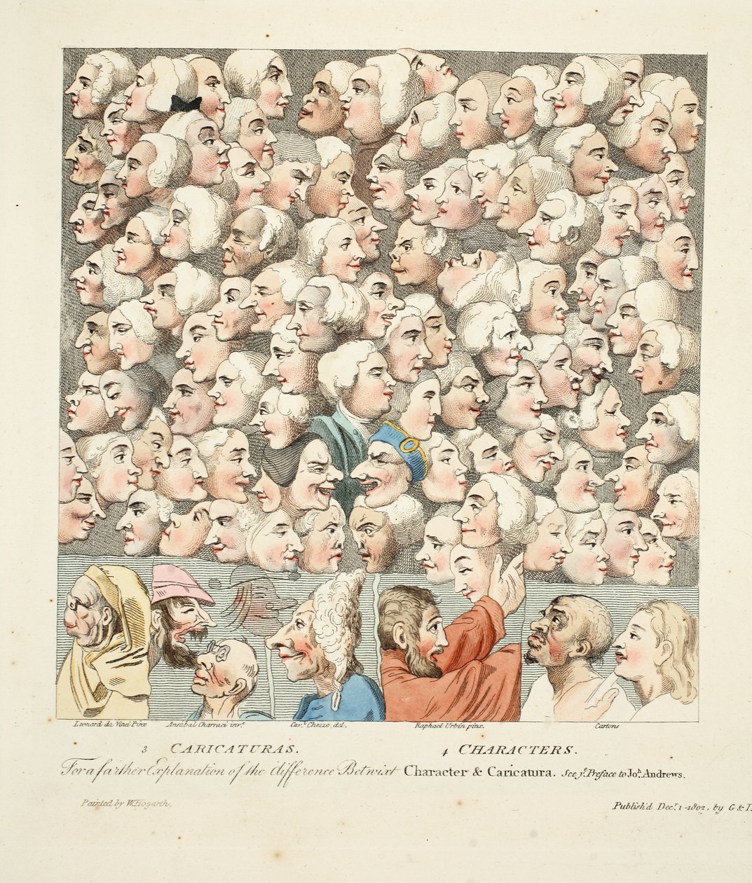 Caráteres e caricaturas, publicado em abril de 1743, ilustração de &39;Hogarth restaurado: as obras inteiras do célebre William Hogarth, re-gravado por Thomas Cook&39;, pub. 1812 (engra colorido à mão de William Hogarth