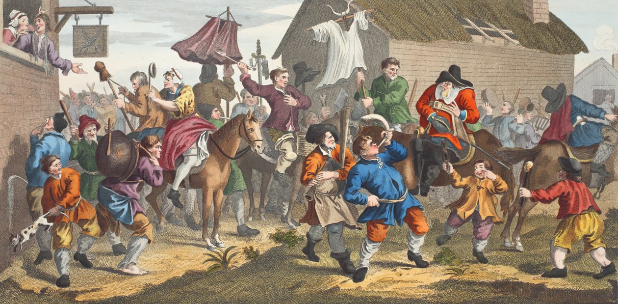 Hudibras encontra o Skimmington, ilustração de &39;Hogarth restaurado: as obras inteiras do célebre William Hogarth, re-gravado por Thomas Cook&39;, pub. 1812 (gravura colorida à mão) de William Hogarth