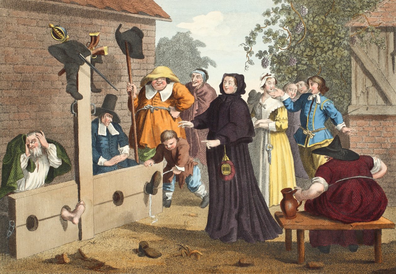 Hudibras e Ralpho no Stocks, de &39;Hudibras&39; por Samuel Butler (1612-1680, ilustração de &39;Hogarth restaurado: as obras inteiras do célebre William Hogarth, re-gravado por Thomas Cook&39;, pub. de William Hogarth