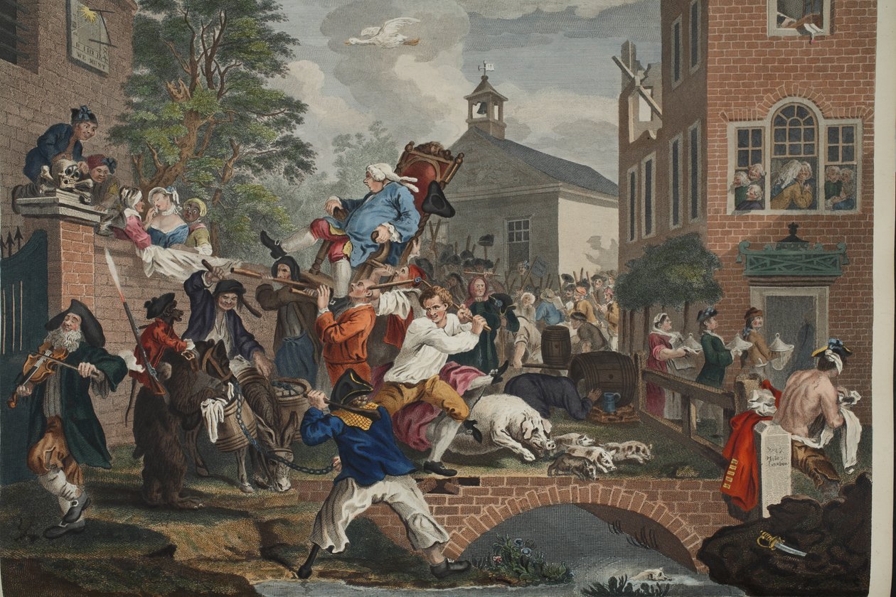A eleição, presidindo o membro, ilustração de "Hogarth restaurado: As obras inteiras do célebre William Hogarth, re-gravado por Thomas Cook", pub. 1812 (gravura colorida à mão) de William Hogarth