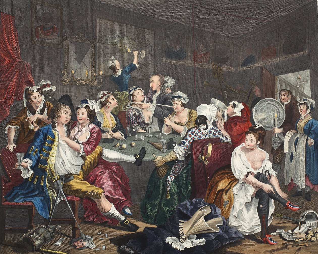A Orgia, placa III de &39;progresso de um ancinho&39;, ilustração de &39;Hogarth restaurado: as obras inteiras do célebre William Hogarth, re-gravado por Thomas Cook&39;, pub. 1812 (gravura colorida à mão) de William Hogarth