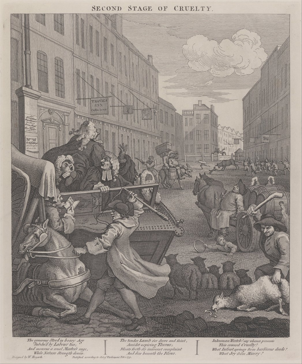O segundo estágio da crueldade - cocheiro derrotando um cavalo caído de William Hogarth