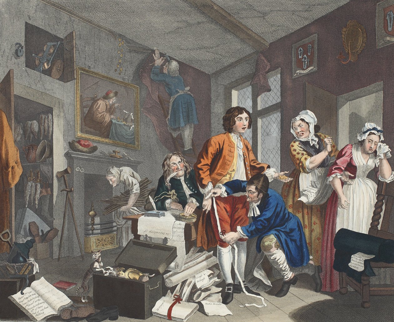 O jovem herdeiro leva posse dos efeitos do avarento, prato I de &39;A Rake&39;s Progress, ilustração de&39; Hogarth restaurado: as obras inteiras do célebre William Hogarth, re-gravado por Thomas C de William Hogarth