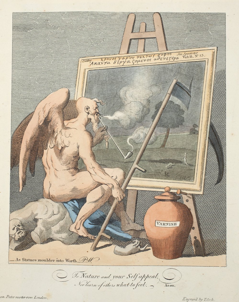 O tempo que fuma uma imagem, ilustração de &39;Hogarth restaurou: O trabalho inteiro do William Hogarth comemorado, re-gravado por Thomas Cook&39;, bar. 1812 (gravura colorida à mão) de William Hogarth