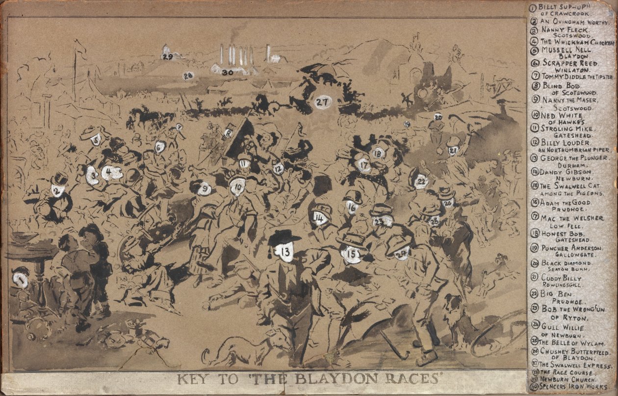 Chave para o Blaydon Races tinta e giz no papel e placa de William Irving