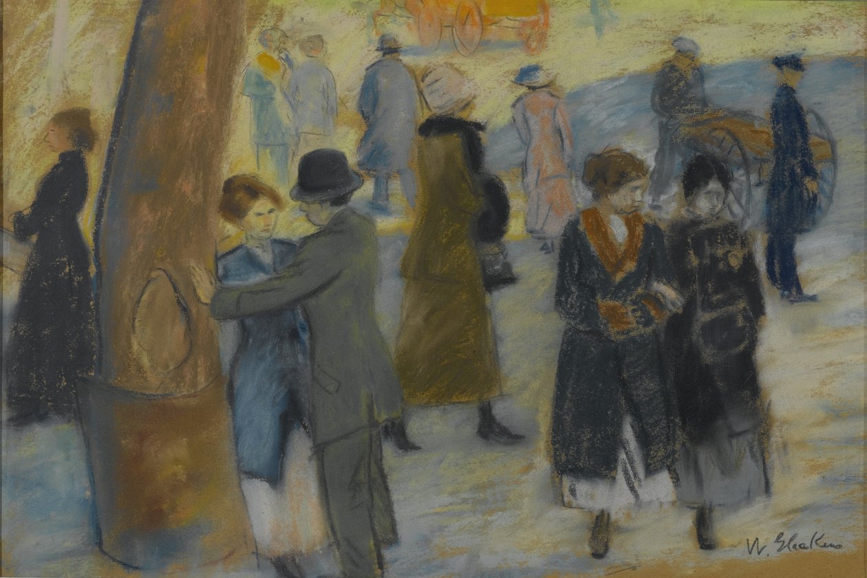Cena da cidade, c.1910 (pastel no verso de um fragmento de papel de parede) de William James Glackens
