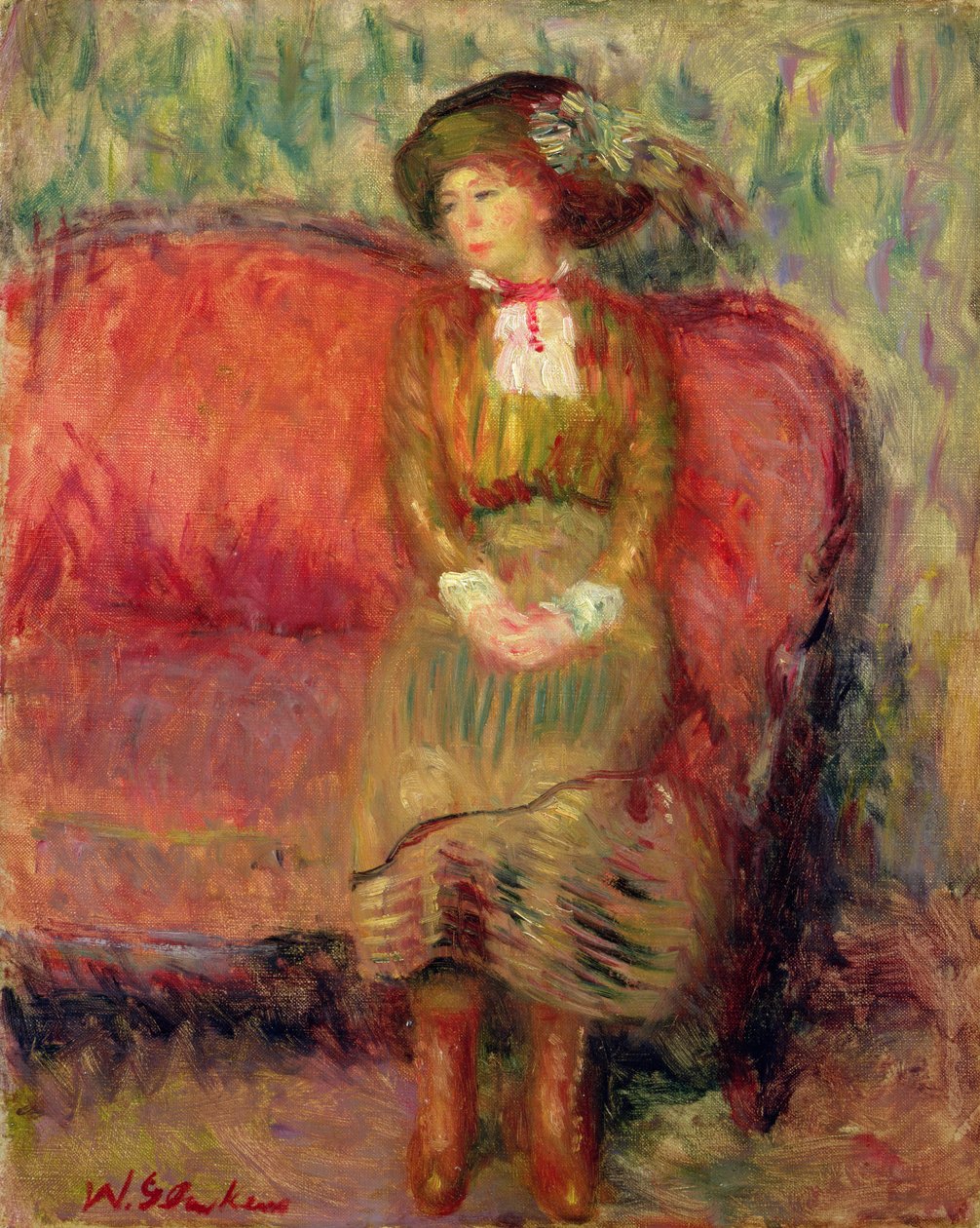 Menina sentada em um sofá vermelho de William James Glackens