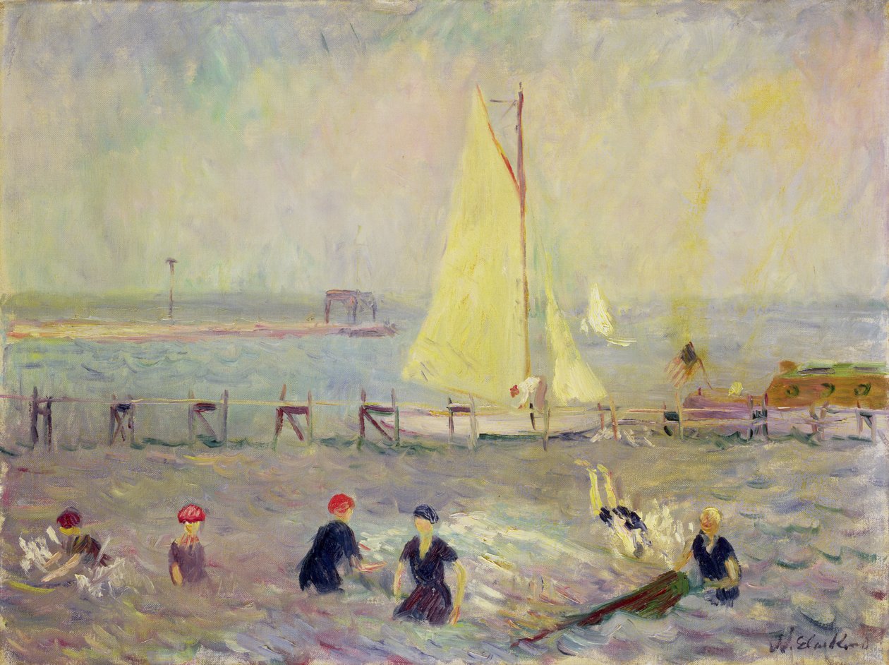 Seascape com dois veleiros e seis banhistas de William James Glackens