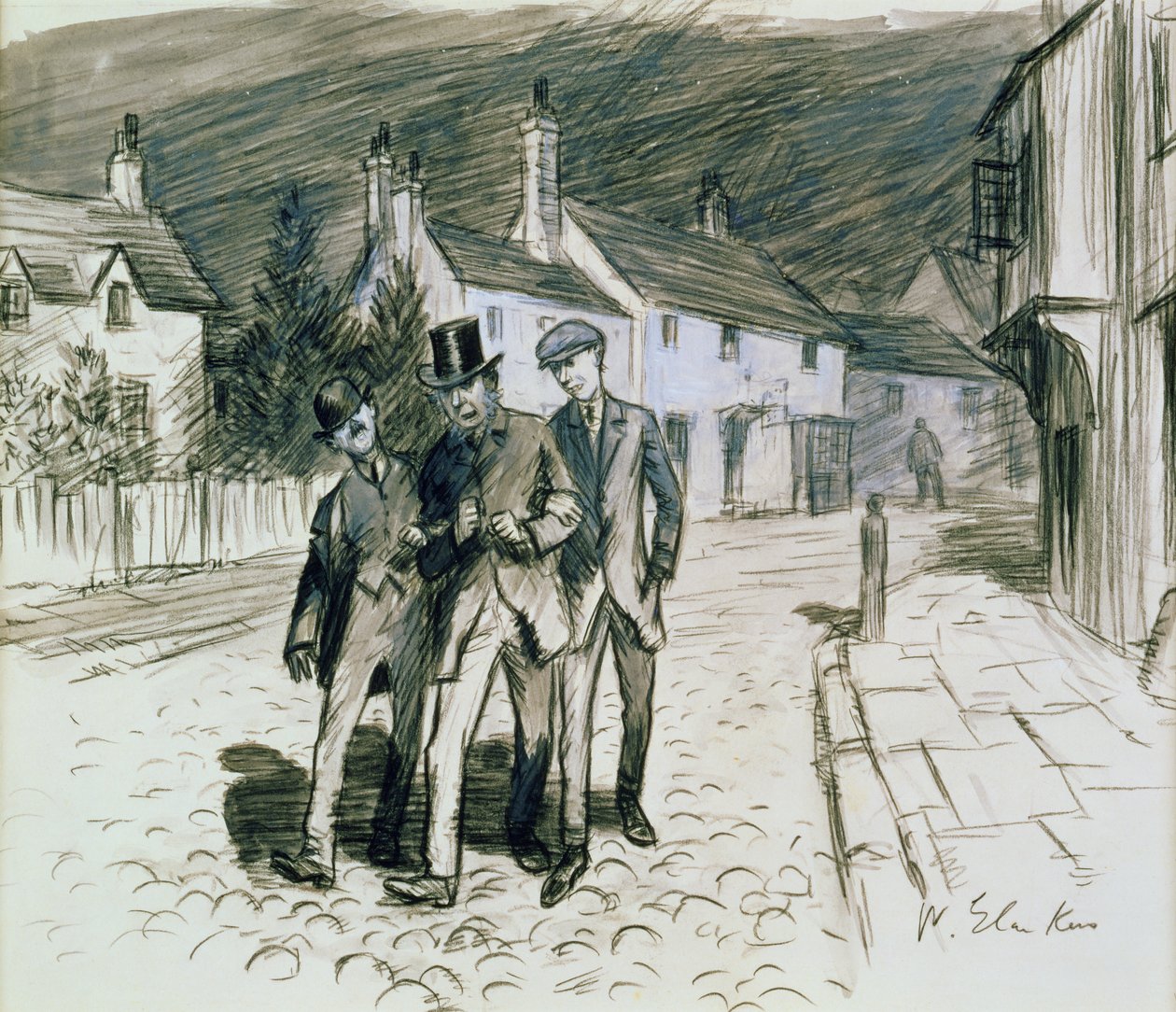 Cena de rua com três bêbados (lápis e lavar no papel) de William James Glackens