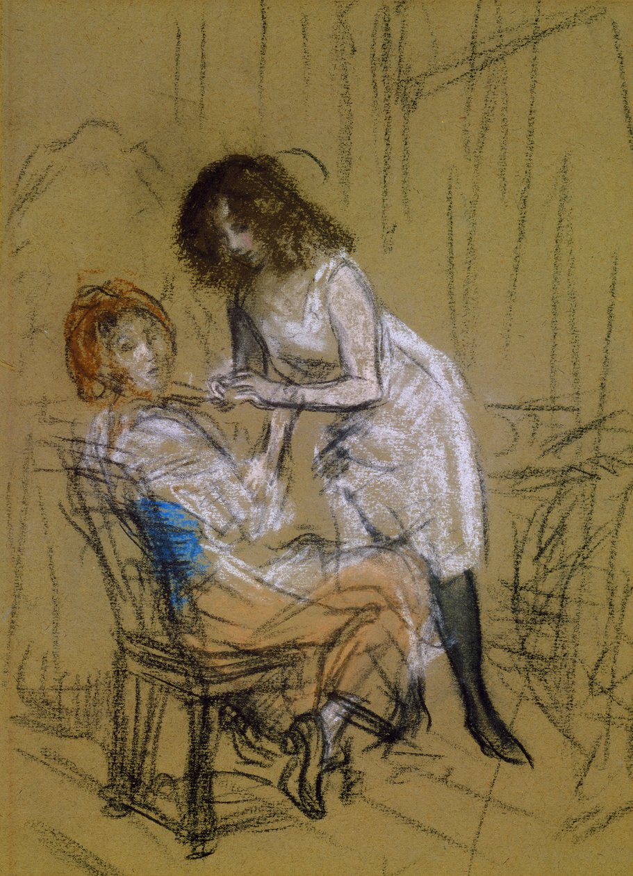 Duas mulheres em um quarto (carvão e giz no papel) de William James Glackens