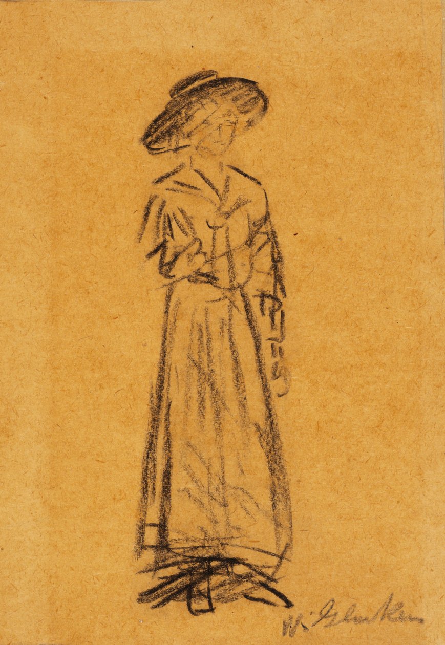 Mulher com chapéu de abas largas (giz preto sobre papel) de William James Glackens