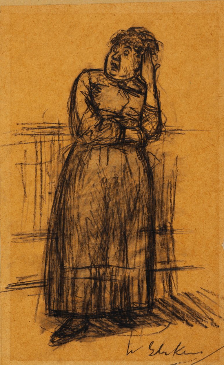 Mulher com a mão no cabelo (giz preto no papel) de William James Glackens