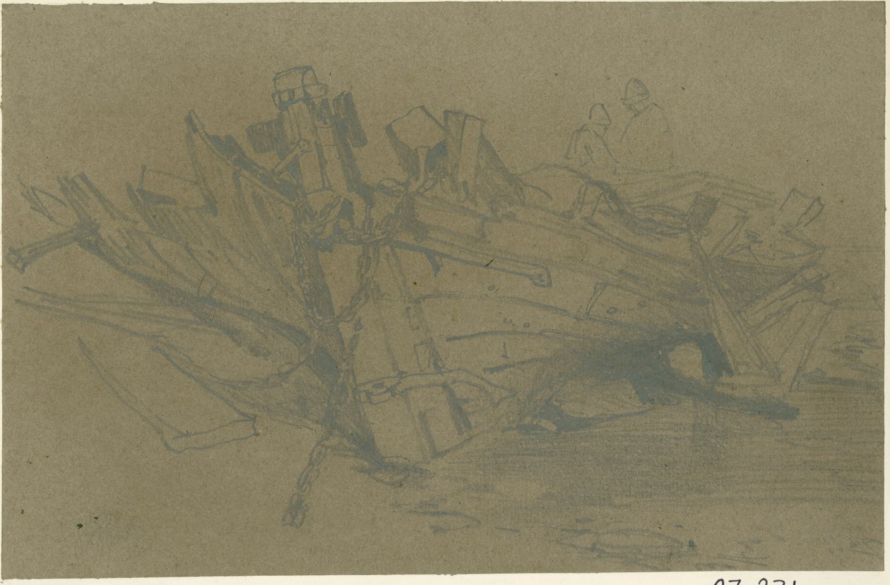 Um Barco Danificado (lápis sobre papel (marrom e colado a bordo)) de William James Muller