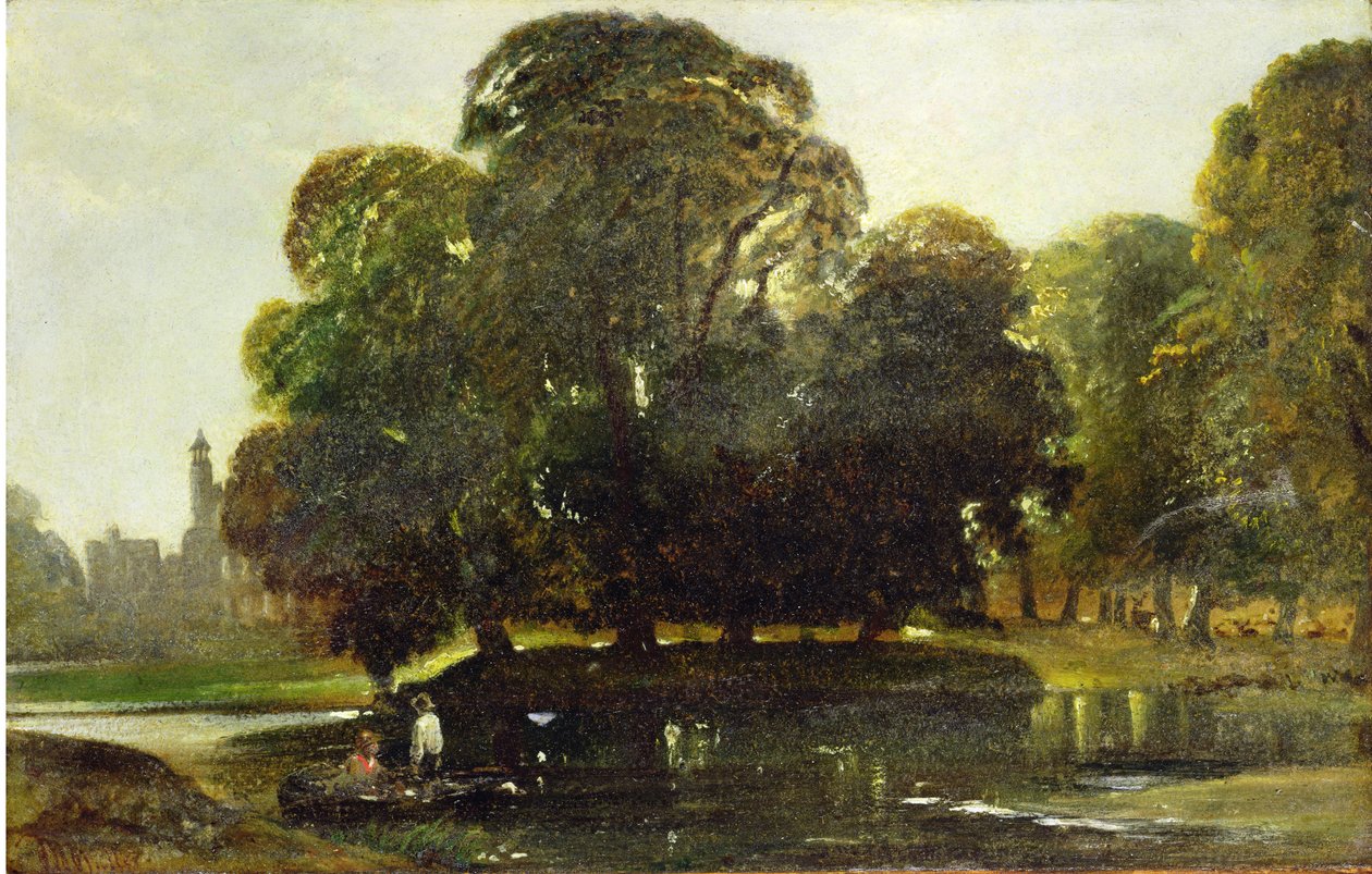 Uma visão de Eton e os companheiros Eyot, c.1835-45 (óleo sobre papel no painel) de William James Muller