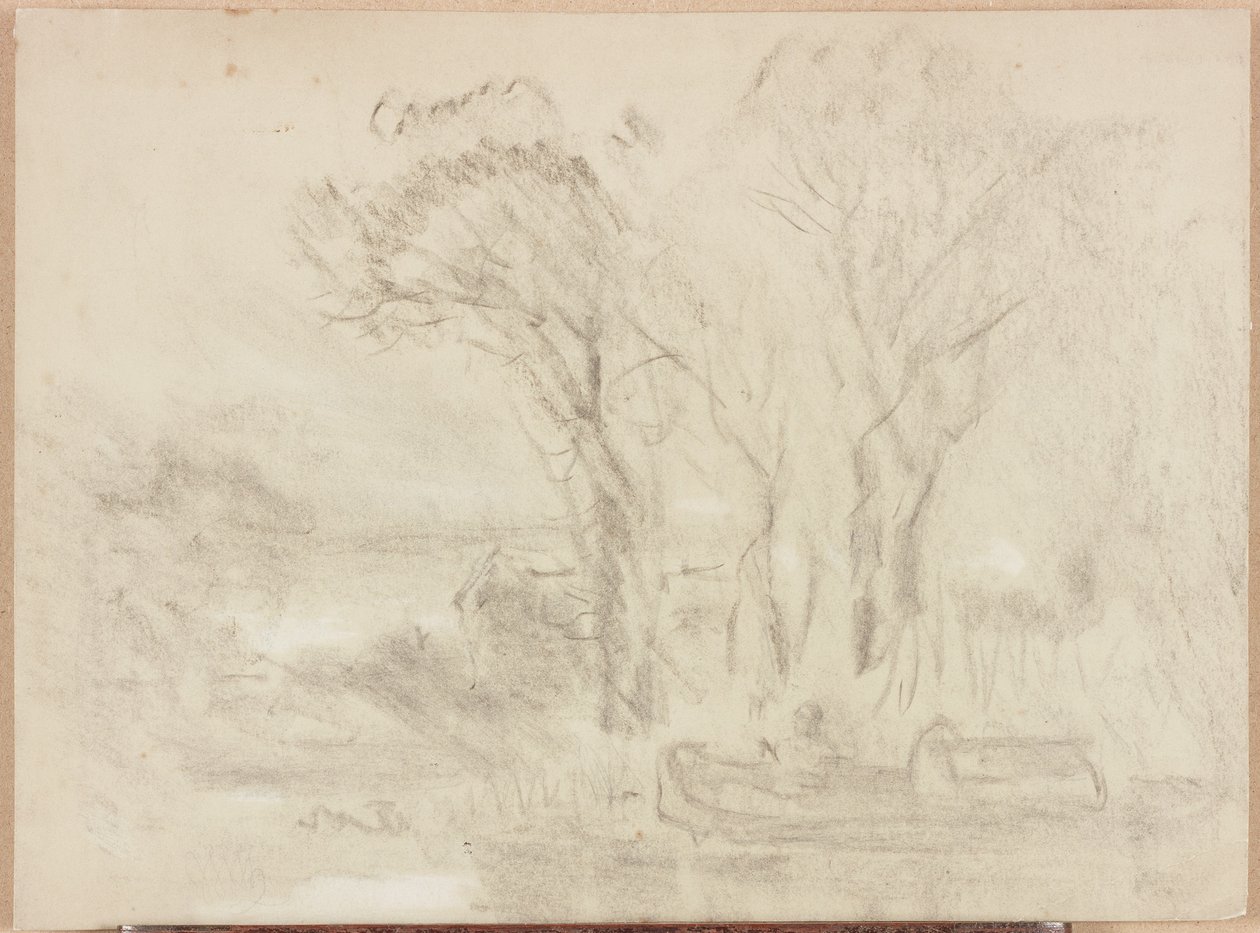 Paisagem com barco e figuras (pastel e lápis sobre papel (buff)) de William James Muller