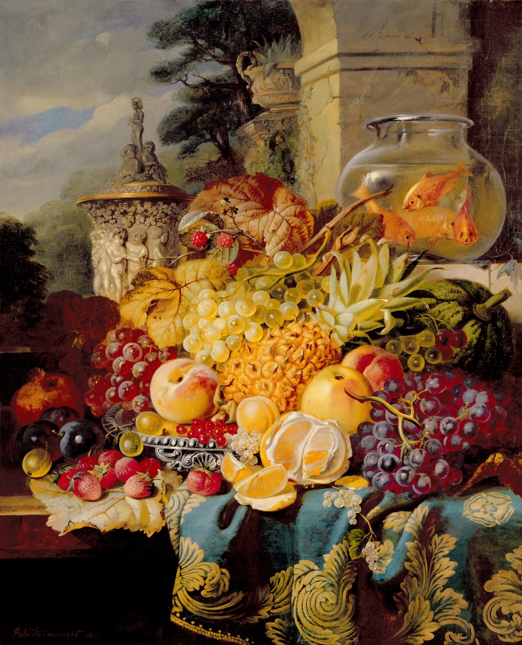 Ainda vida de frutas em uma borda com um aquário, 1876 de John Wainwright