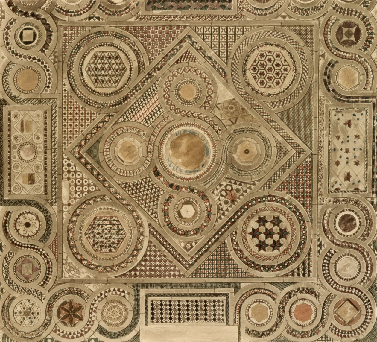 Pavimento em mosaico Antes do Altar, placa A da "Abadia de Westminster", gravada pelo artista, pub. por Rudolph Ackermann (1764-1834) 1812 (aquatinta) de William Johnstone White