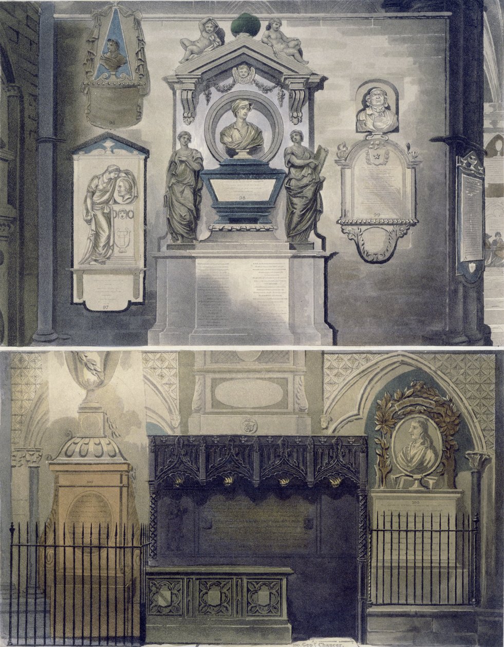 Canto dos Poetas, placa F de &39;Abadia de Westminster&39;, gravada por J. Bluck (fl.1791-1831) pub. por Rudolph Ackermann (1764-1834) 1812 (aquatinta) de William Johnstone White