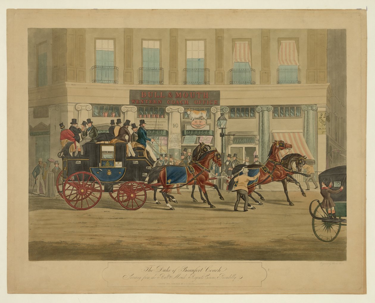 O treinador do Duque de Beaufort, a partir do Bull & Mouth, Regents Circus, Piccadilly, pub. 1841 (aquatinta colorida à mão) de William Joseph Shayer