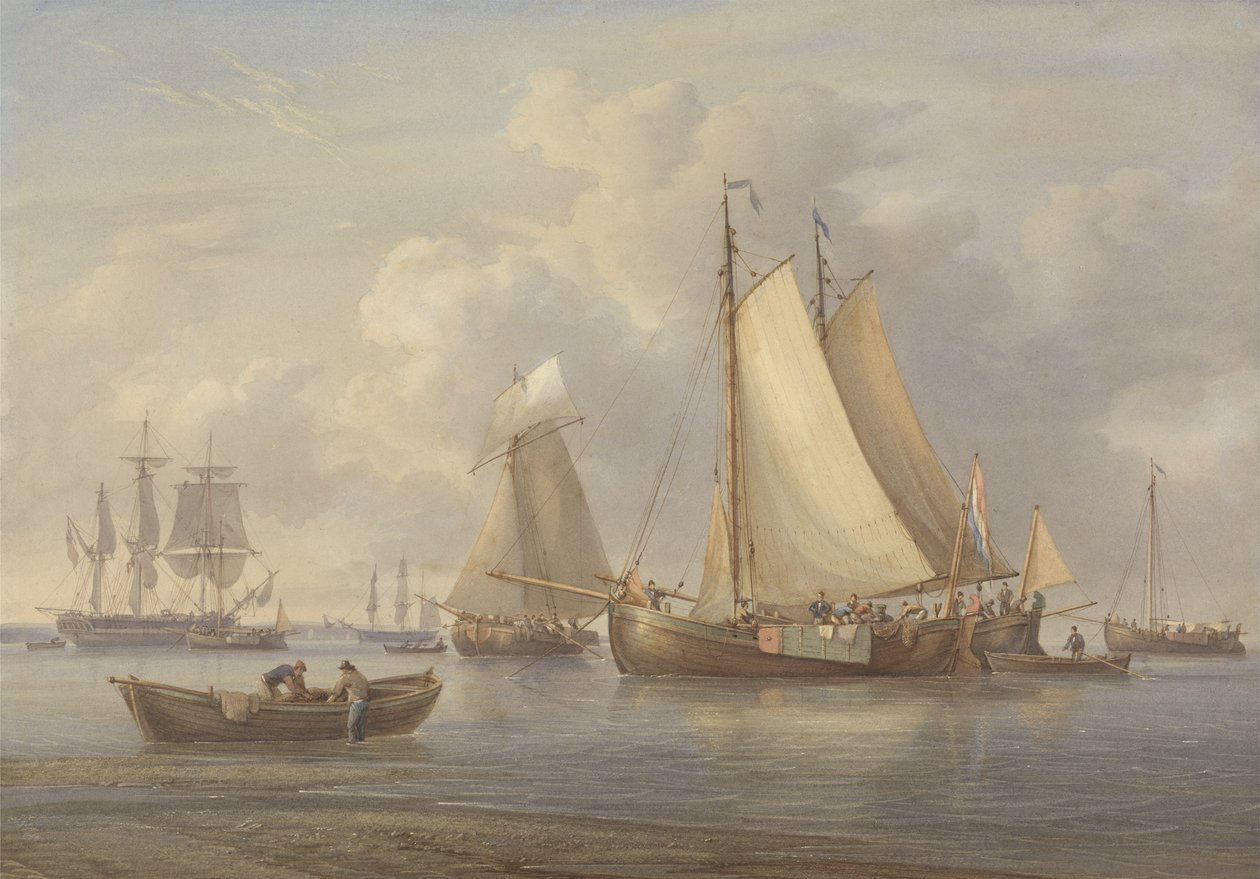 Barcos de pesca holandeses ancorados em um estuário, c.1850-60 (wc com raspagem e goma em papel) de William Joy