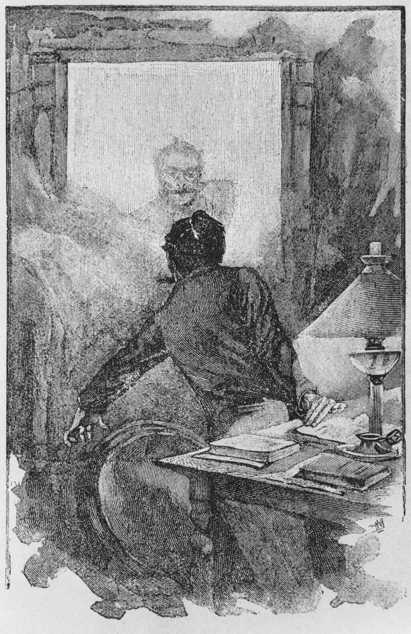 O narrador e a Horla, ilustração de &39;Le Horla&39; de Guy de Maupassant (1850-93) gravada por Georges Lemoine, Paris, Edições Albin Michel, c.1910 (gravura em madeira) de William Julian Damazy