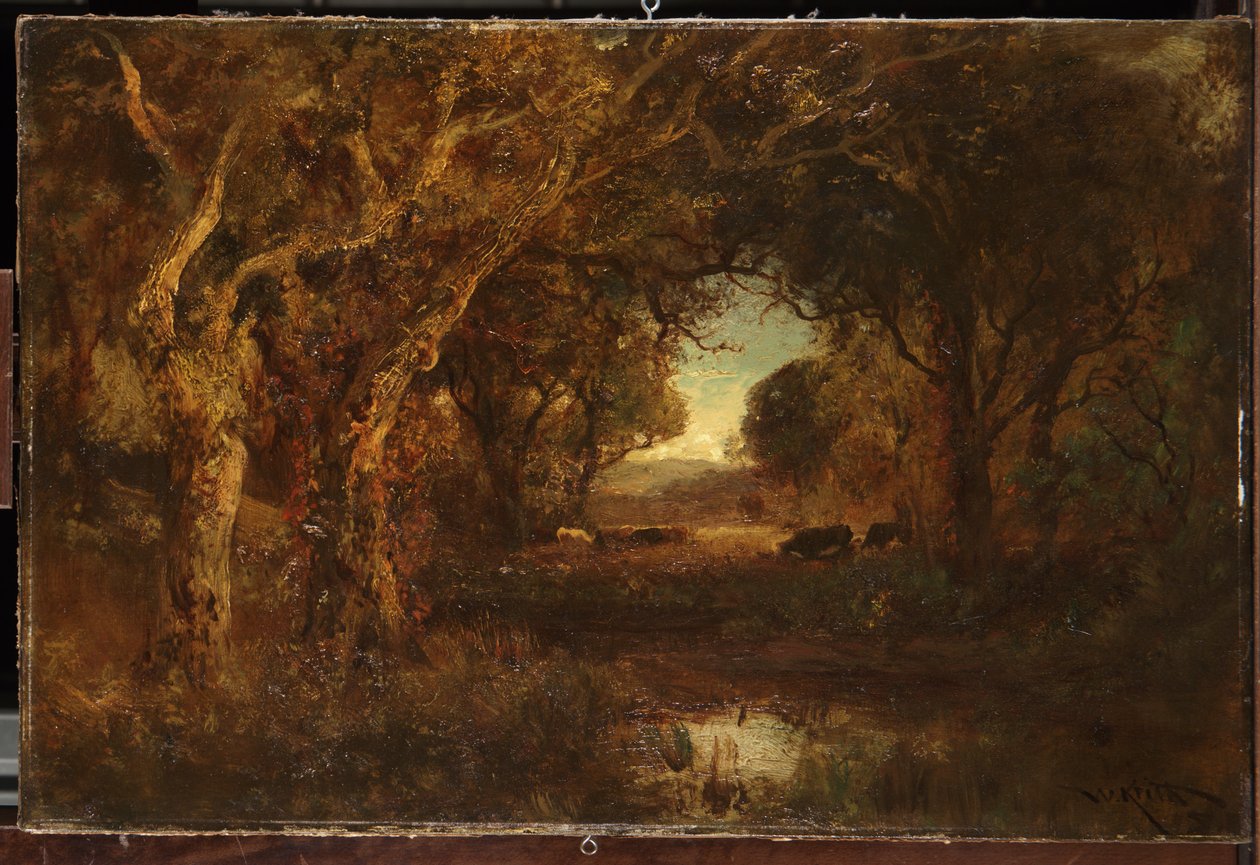 Pôr do sol paisagem com árvores de William Keith