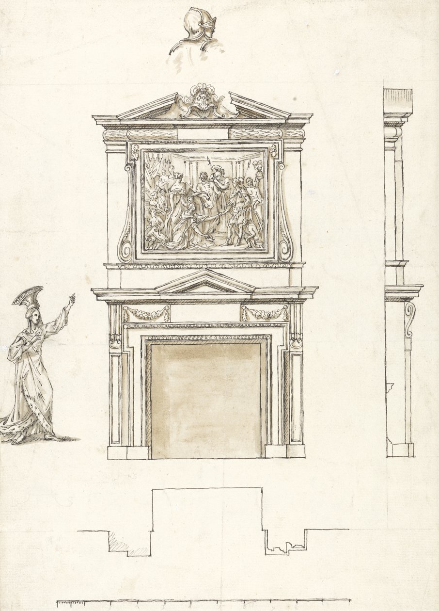 Design para peça de chaminé no Hall em Stowe, c.1733 (caneta e tinta com lavagem sobre grafite sobre papel) de William Kent