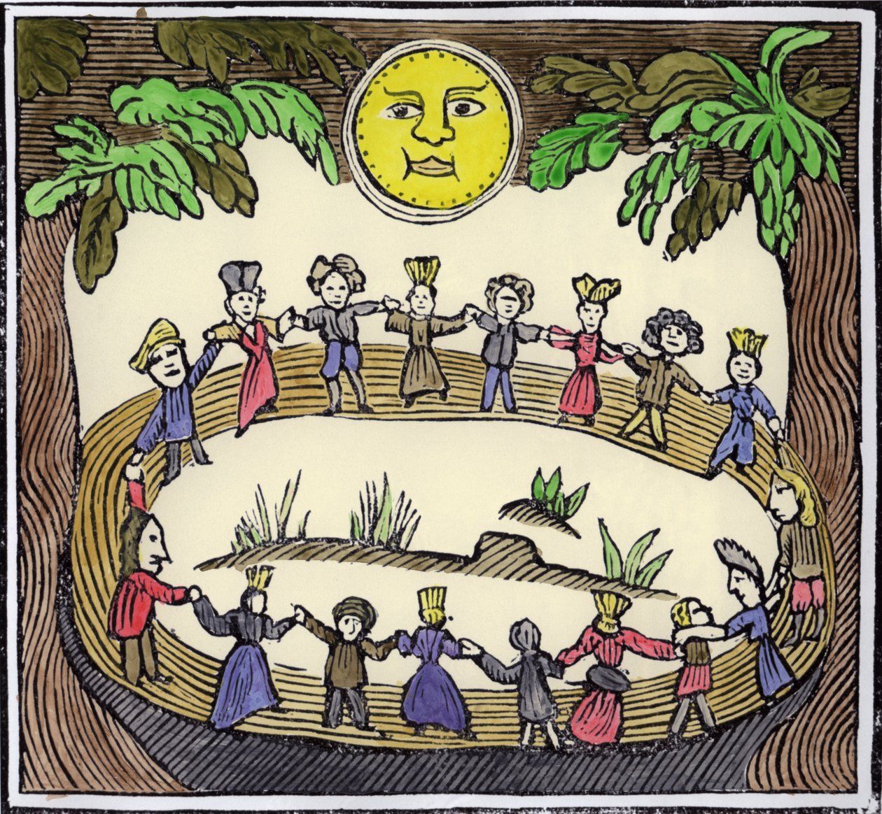 Círculo de bruxas dançando sob a lua cheia, ilustração de uma coleção de chapbooks sobre esoterica (posterior coloração) de William Linnell