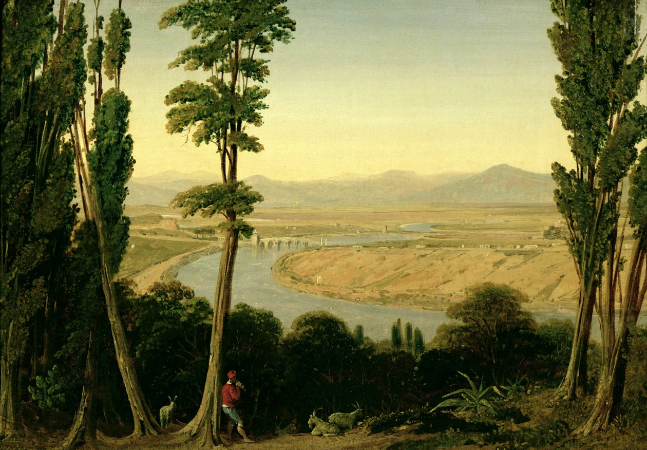 Vista do Tibre e da Campagna Romana de Monte Mario, 1829 (óleo sobre papel colocado sobre tela) de William Linton