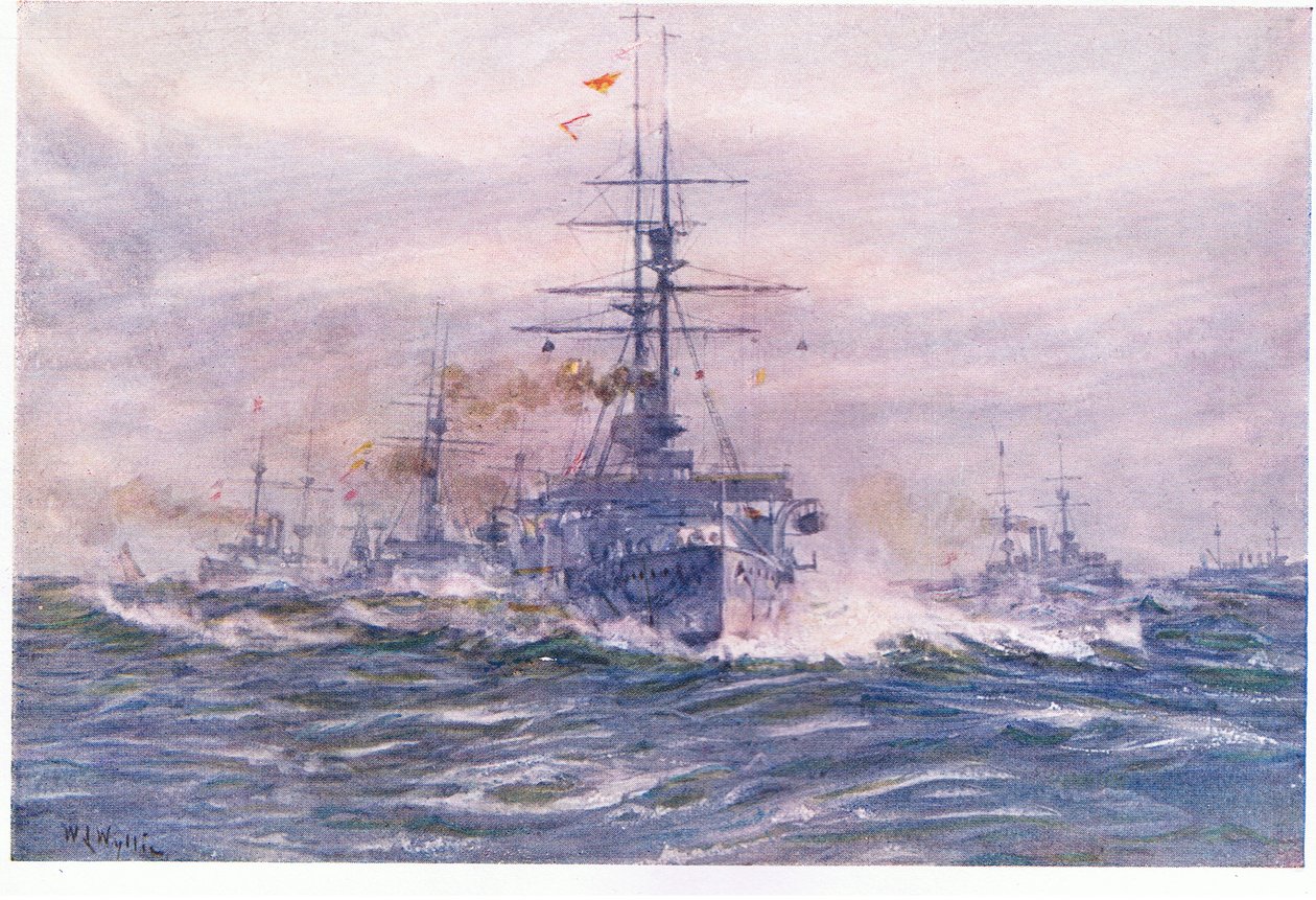 Battleships da era branca no mar, 1915 de William Lionel Wyllie