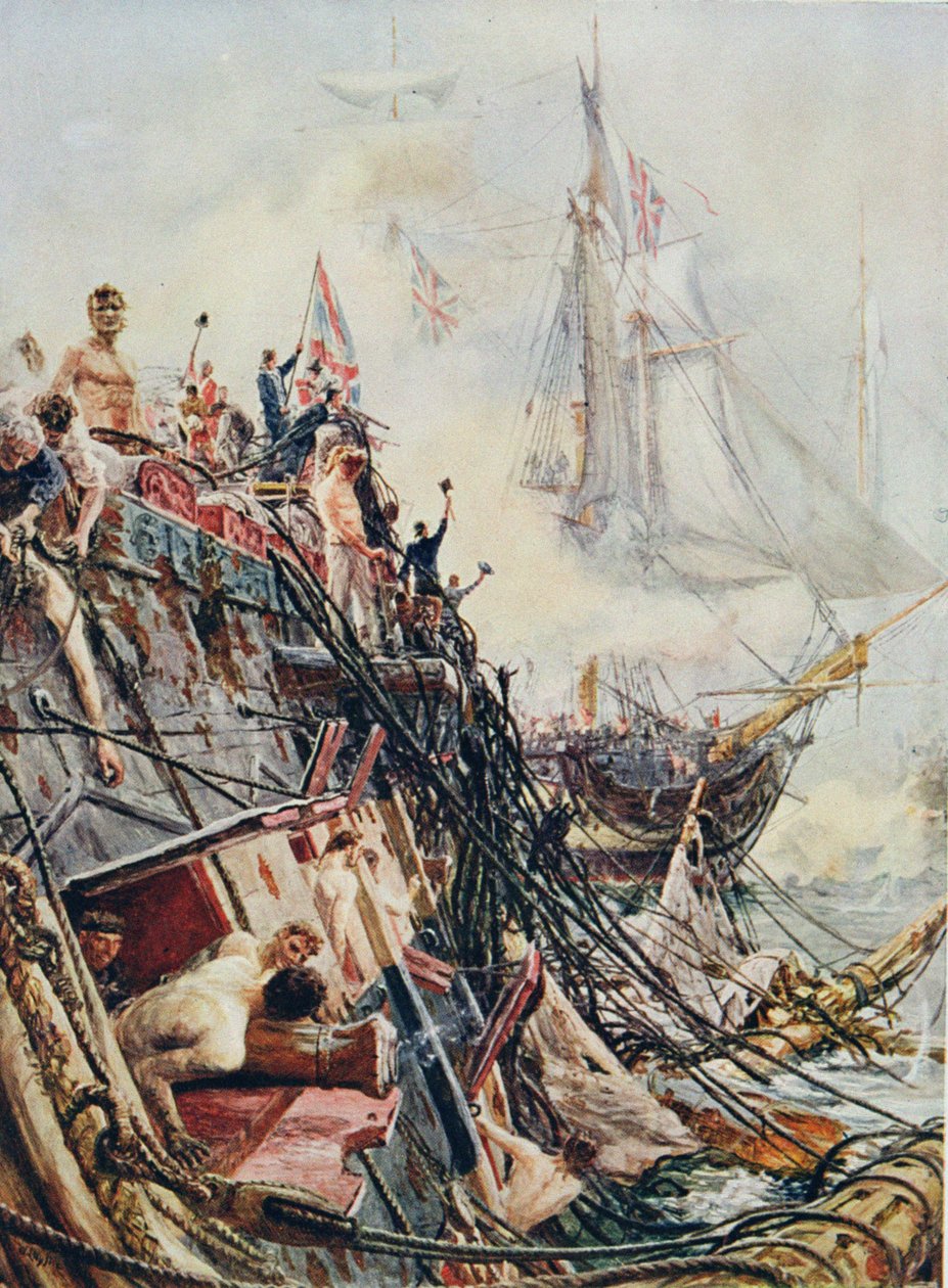 Aleijado mas inconquistado: O &39;Belleisle&39; na Batalha de Trafalgar, 21 de outubro de 1805, de &39;Batalhas Britânicas na Terra e no Mar&39; editado por Sir Evelyn Wood (1838-1919) publicado pela primeira vez em 1915 (cor litho de William Lionel Wyllie