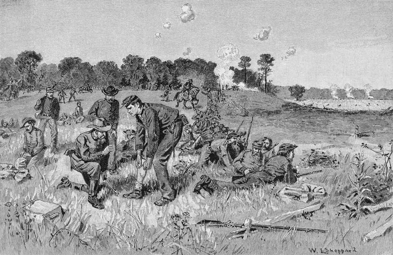 Linha confederada esperando ordens no deserto, ilustração de &39;Batalhas e líderes da Guerra Civil&39;, editada por Robert Underwood Johnson e Clarence Clough Buel de William Ludlow Sheppard