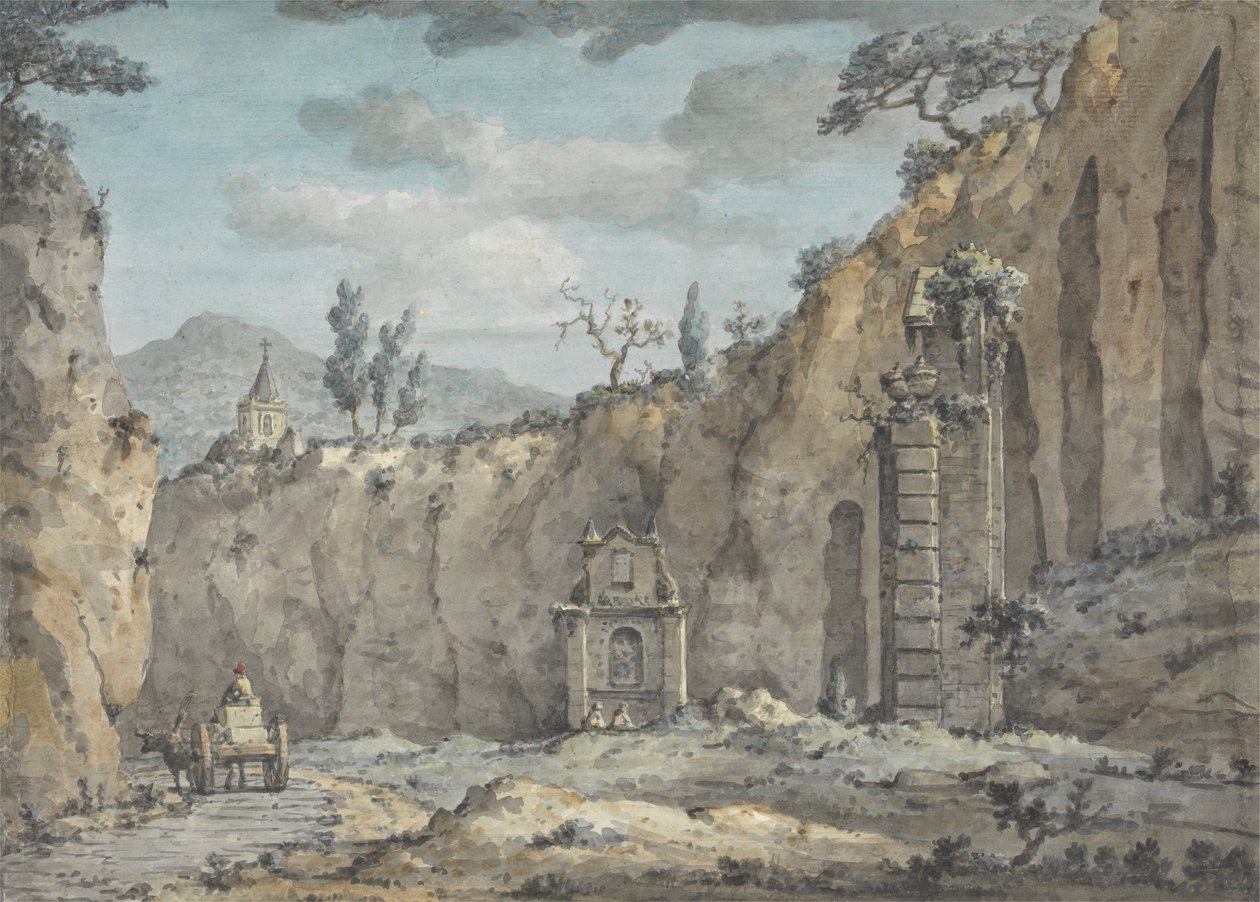 Carro de bois na gruta de Posillipo, c.1770 (wc sobre grafite sobre papel) de William Marlow