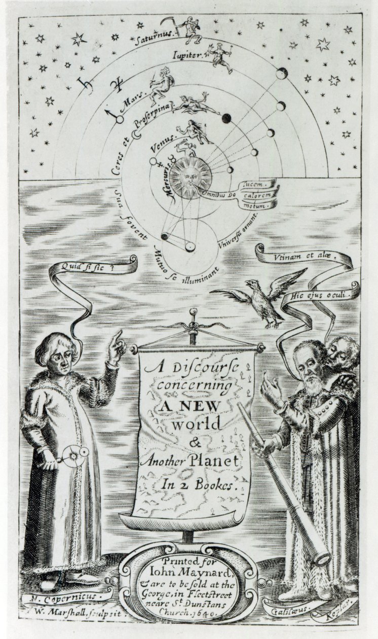 Frontispício de &39;Um discurso sobre um novo mundo e outro planeta&39; de John Wilkins, publicado em 1640 de William Marshall