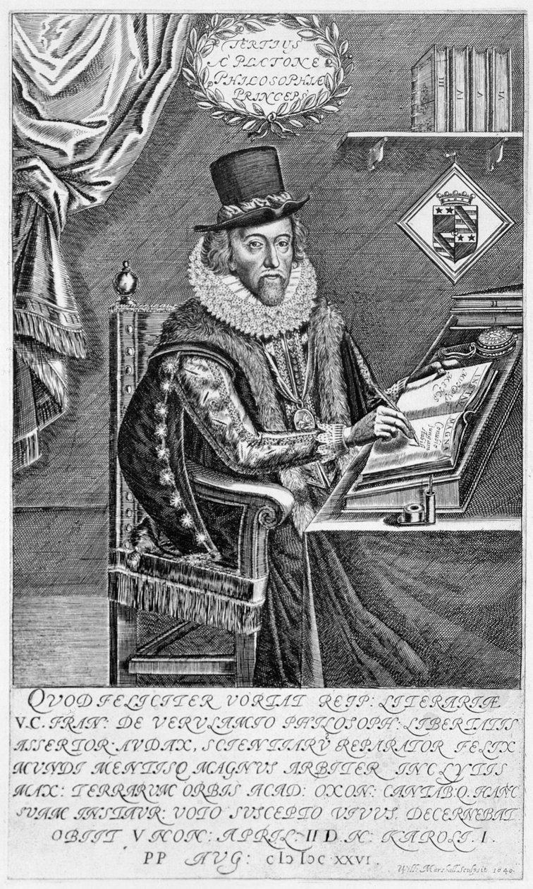 Retrato de Francis Bacon (1561-1626) Visconde de St. Albans Escrevendo em sua mesa, 1640 de William Marshall