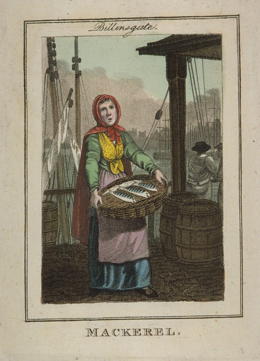 Vendedor de cavala no Billingsgate, 1804 (gravura colorida à mão) de William Marshall Craig