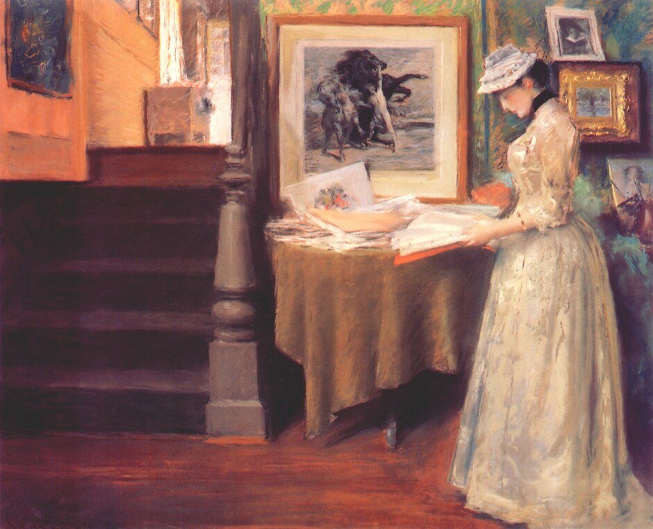 Interior, jovem mulher em um Tablen de William Merritt Chase