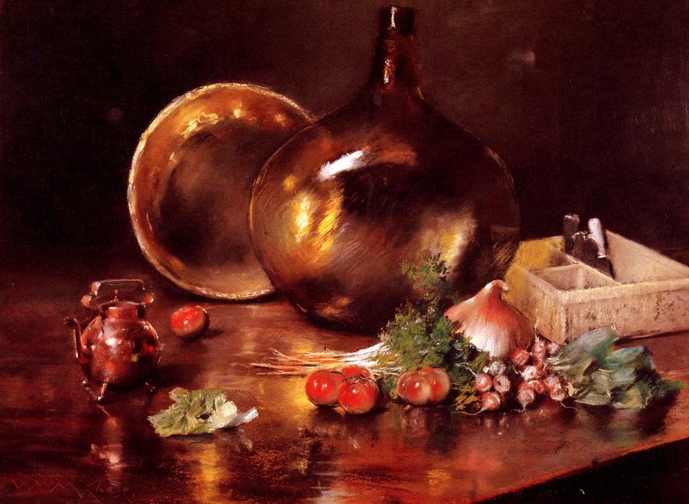Ainda vida latão e Glassn de William Merritt Chase