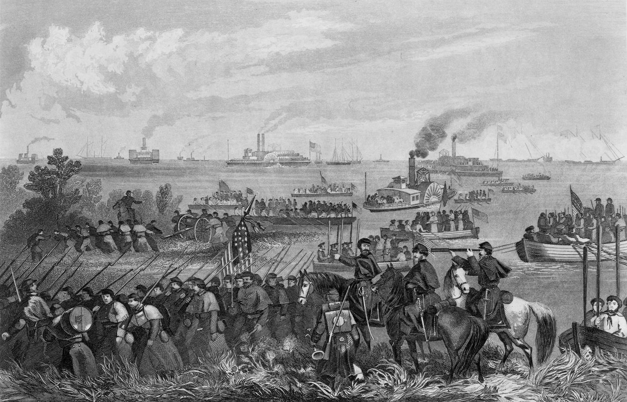 Desembarque de tropas na Ilha Roanoke, Expedição Burnside, 8 de fevereiro de 1862, gravado por George E. Perine de William Momberger