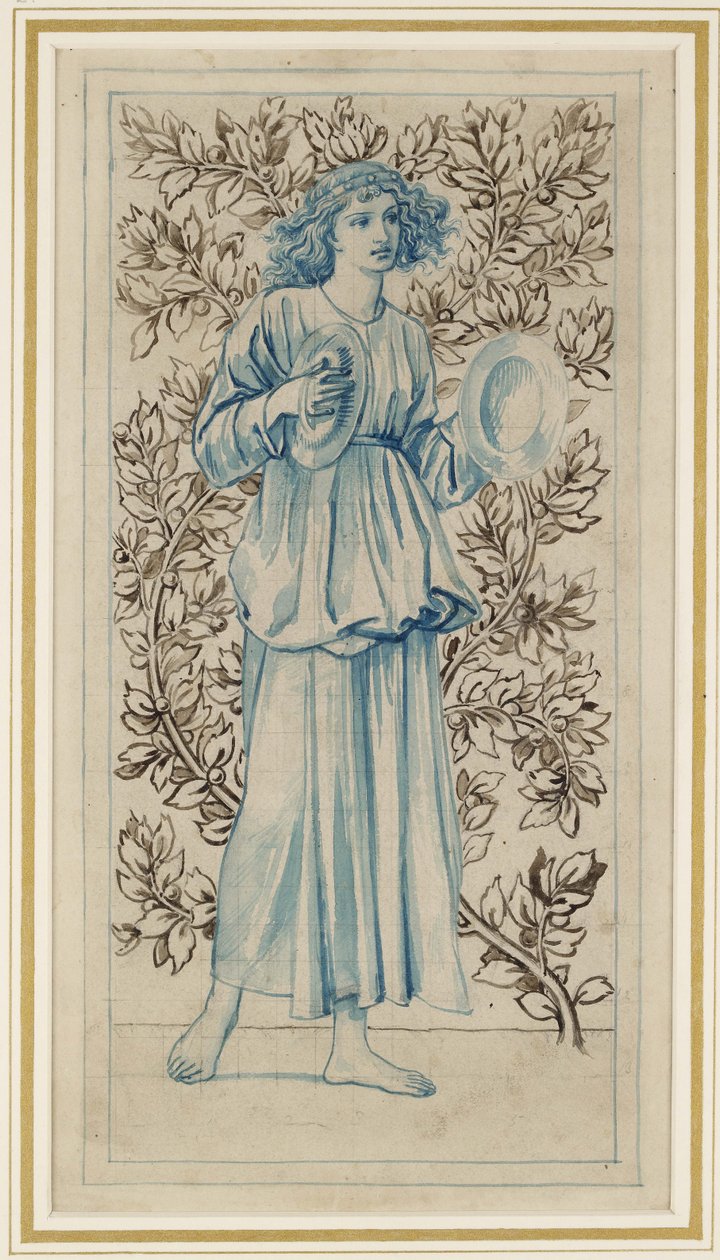 Uma mulher tocando pratos (caneta com tinta azul e marrom e aquarela sobre papel pálido pálido descolorido) de William Morris