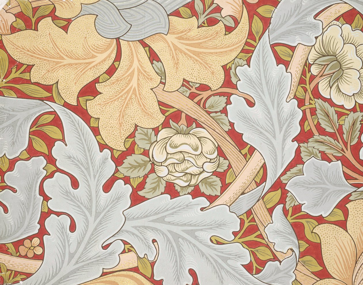 Folhas de acanto, rosa selvagem, ligado, carmesim fundo, 19o século, (wallpaper) de William Morris